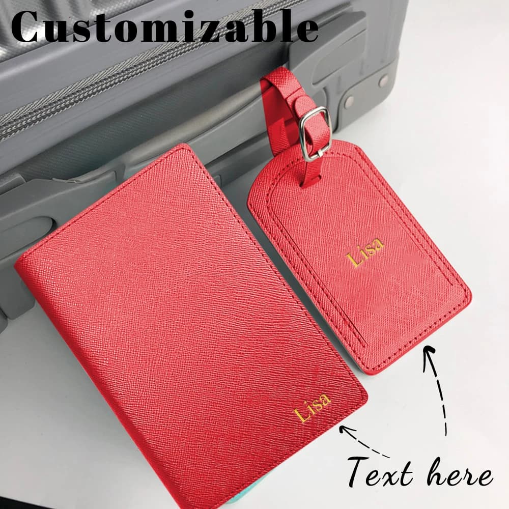 Customized Name Multi-Functional Leather Passport Case with Pen Holder and Cross-Patterned Design Luggage Tag Set