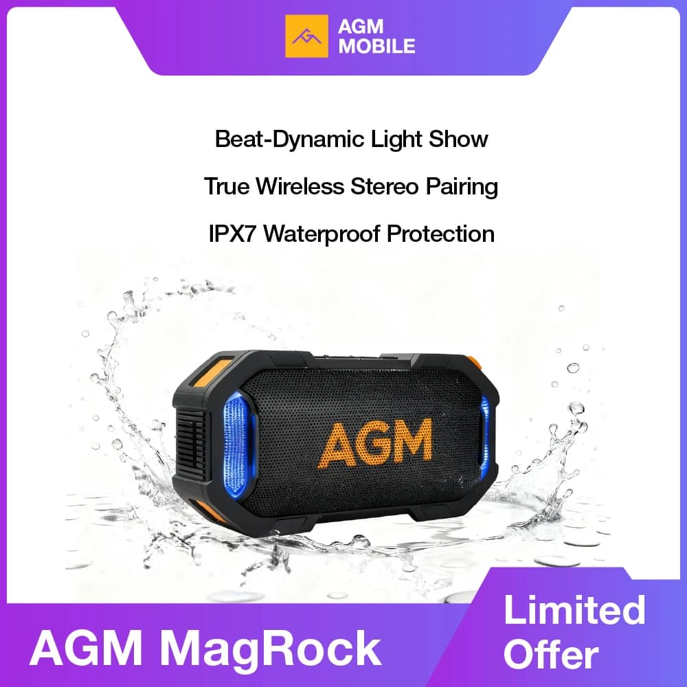Altoparlante wireless da esterno AGM, altoparlante Bluetooth 5.3, suono stereo IPX7 impermeabile, luce RGB