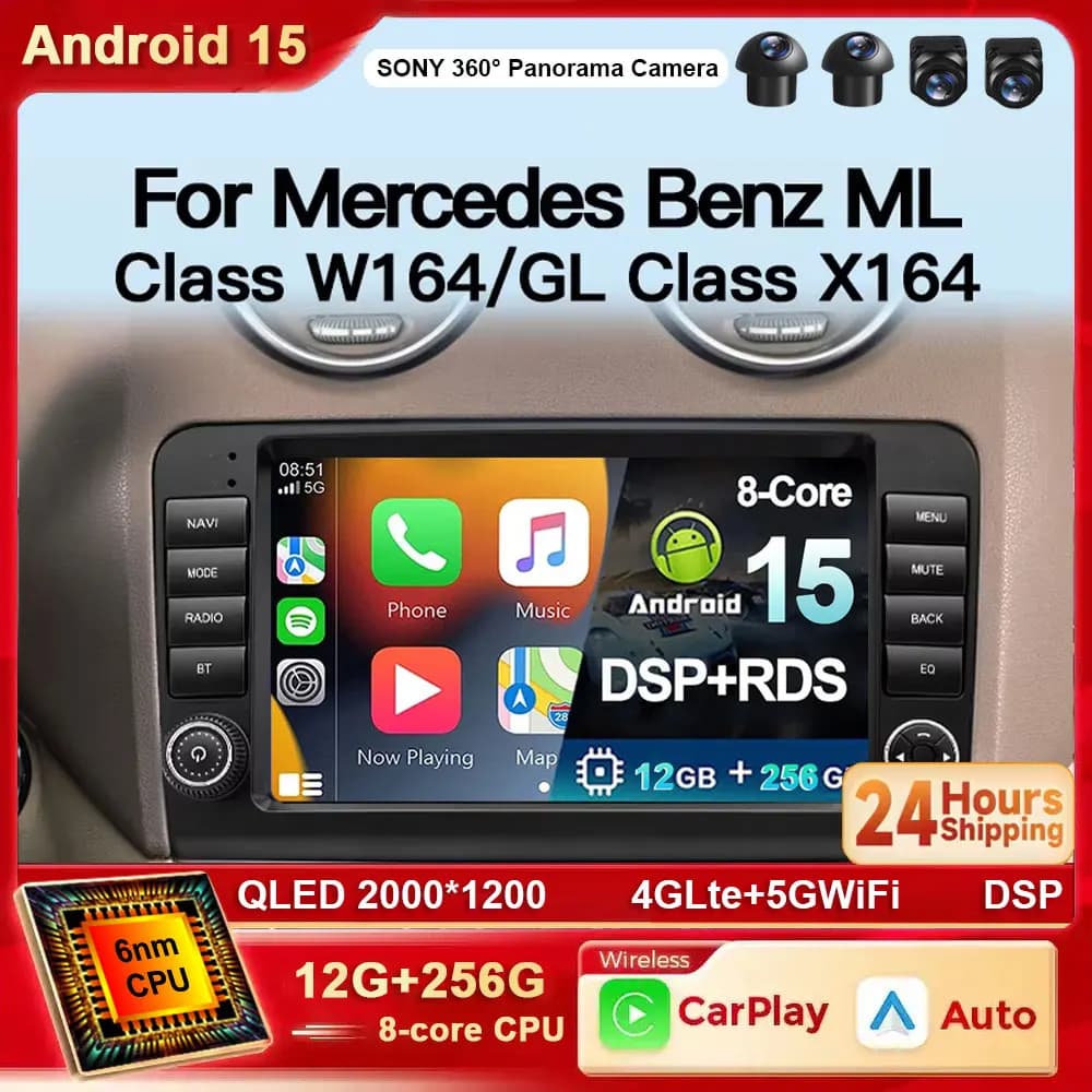 Android 15 Car radio For Mercedes Benz M-Class W164 GL-Class X164 ML GL Car Radio CarPlay 4G WFI BT Auto GPS No 2 din 2din DVD