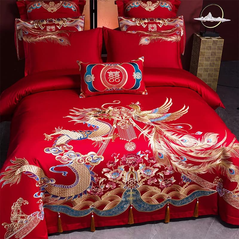 Set di Biancheria da Letto di Lusso con Ricami di Dragone e Fenice Cinesi, 4/6/9 Pezzi, 100% Cotone, Copripiumino, Lenzuolo e Federe con Nappine