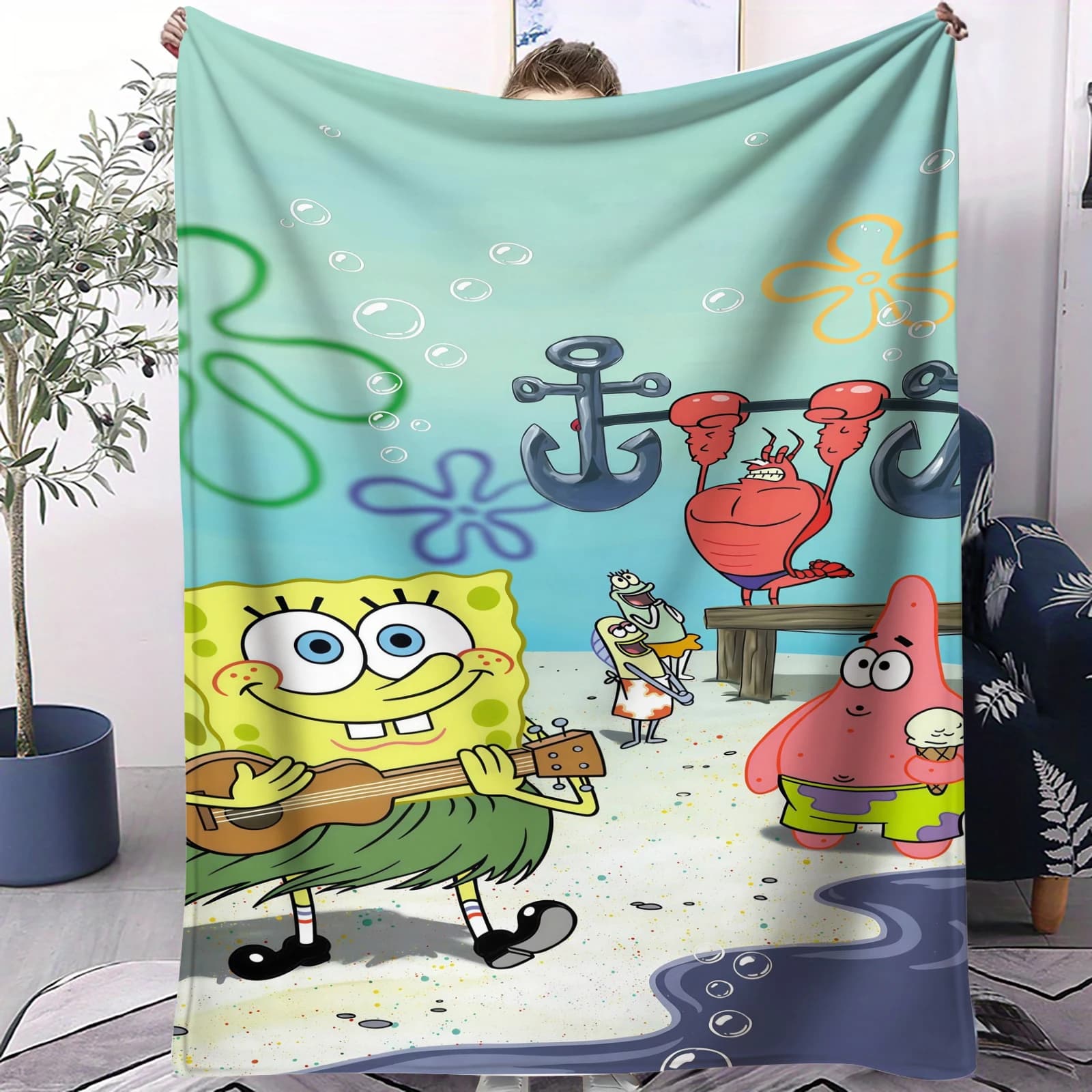Coperta in flanella con stampa divertente di SpongeBob Subacqueo, coperta universale decorativa multifunzionale morbida, regalo di compleanno