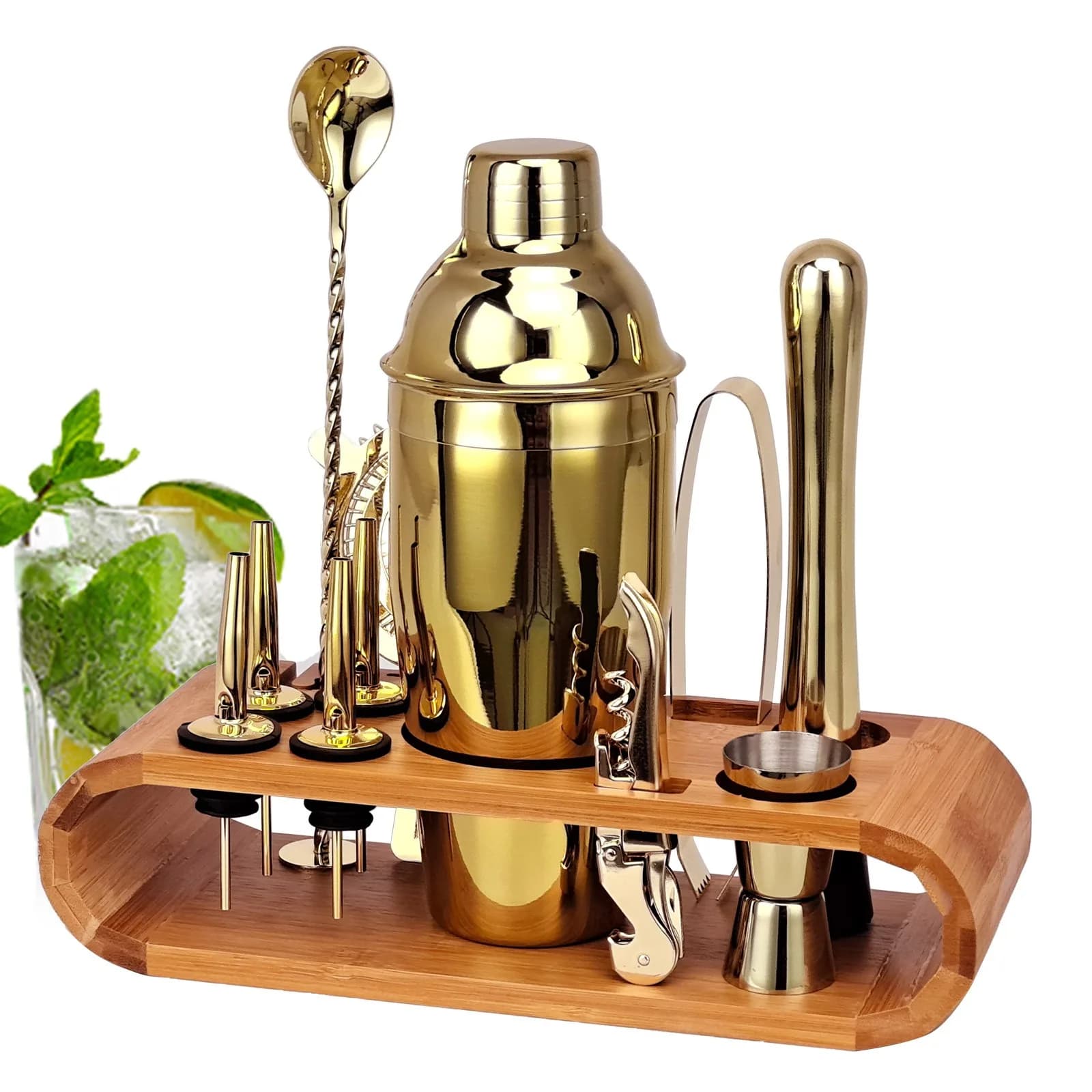 Set di attrezzi da bar da 12 pezzi con elegante supporto in bambù Set di shaker per cocktail in acciaio inossidabile Kit da bar professionale per feste in casa