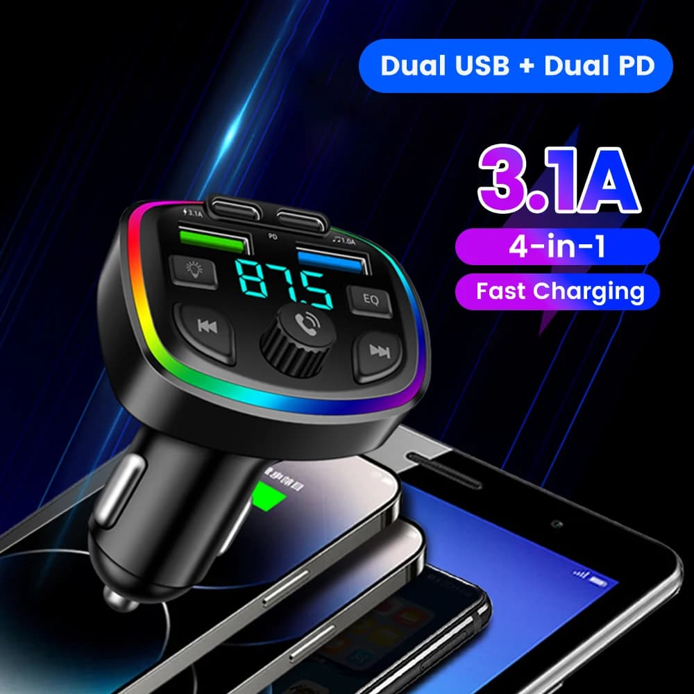 4 Doors Bluetooth MP3 Car Charger 2USB 2PD Car Charger Reader FM Transmitter Charger for iPhone Xiaomi Huawei