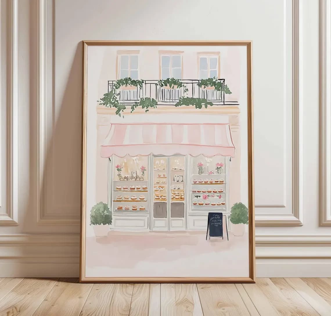 Paris Bakery Poster Print, French Patisserie Wall Art, Pastel Cafe Illustration, Pink Dessert Shop Decor, Whimsical Paris Street