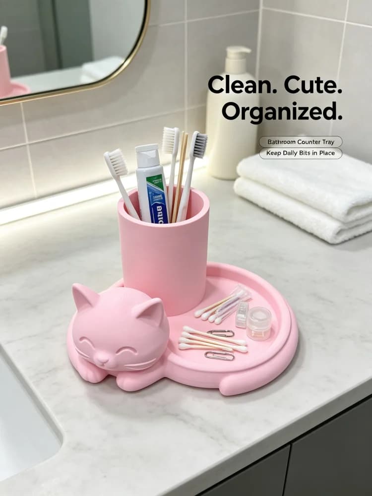 Small Pink Cat-Shaped Bathroom Storage Rack, Two-In-One Toothbrush Holder. Compact Design That Doesn'T Take up Countertop Space, Suitable for Small Countertops. Features a Tray Design to Organize Toothbrushes, Toothpaste, and Small Items. Cute Animal-Shaped Bathroom Countertop Storage Box, Suitable for Small Bathrooms, Washbasins, and Vanity Tables. Easy to Move and Place Flexibly. a Practical Bathroom Storage Solution Suitable for Small Spaces