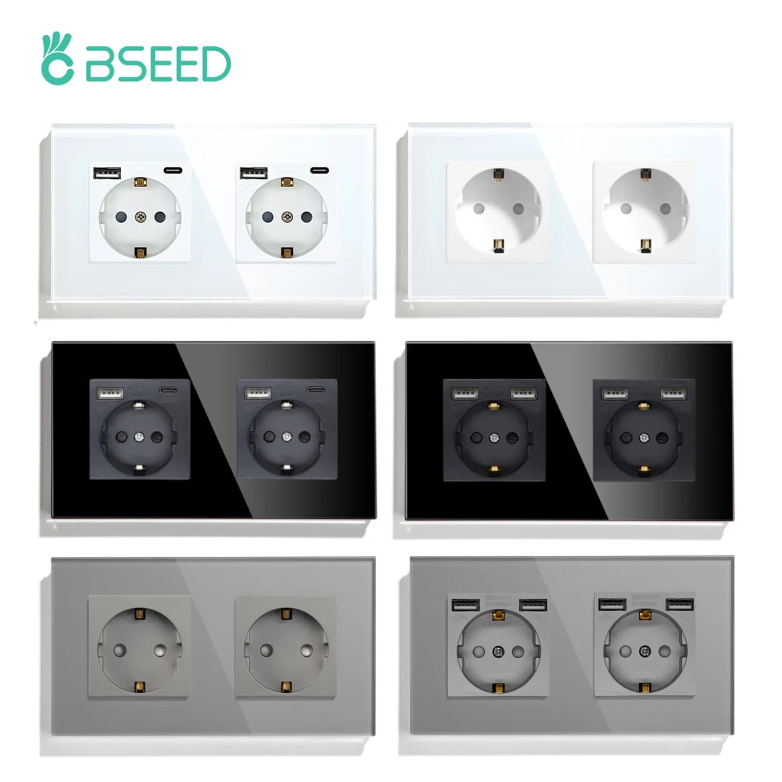 BSEED EU prese a muro doppie prese di corrente bianco nero doppia cornice USB Type-C porta di ricarica del telefono pannello in vetro protezione per bambini 16A