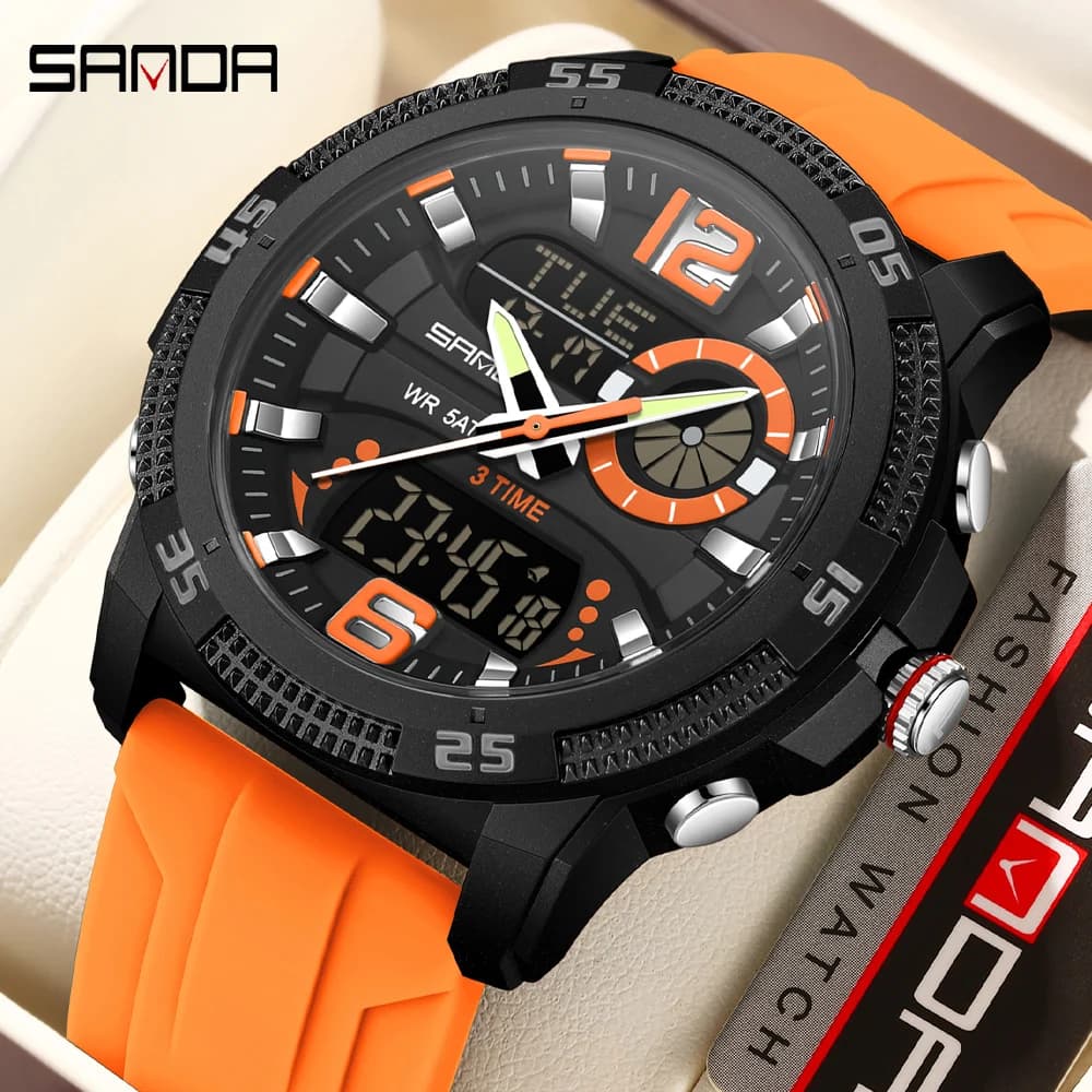 SANDA Orologi da uomo di lusso alla moda Doppio display digitale Sport analogico al quarzo Orologio da polso da uomo Cronografo in silice impermeabile casual