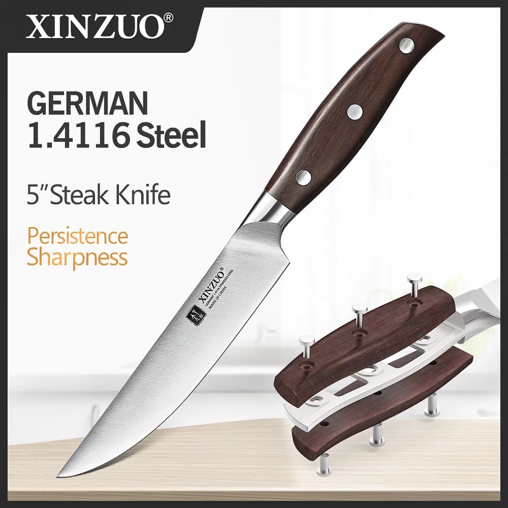 XINZUO 1 pcs high carbon German steak knife Din 1.4116 stainless steel cube knife length dinner handle red sandalwood knife
