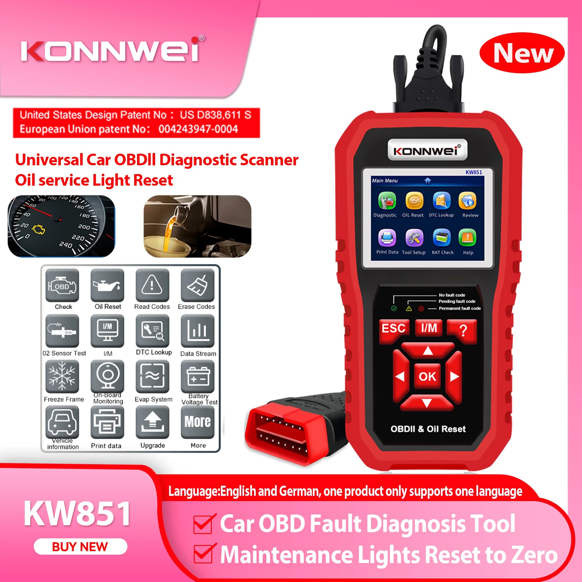 2026 KONNWEI KW851 Car OBD2 Diagnostic Scanner Oil Service Light Reset Read Clear Codes O2 Sensor Tester I/M Diagnostic Tool