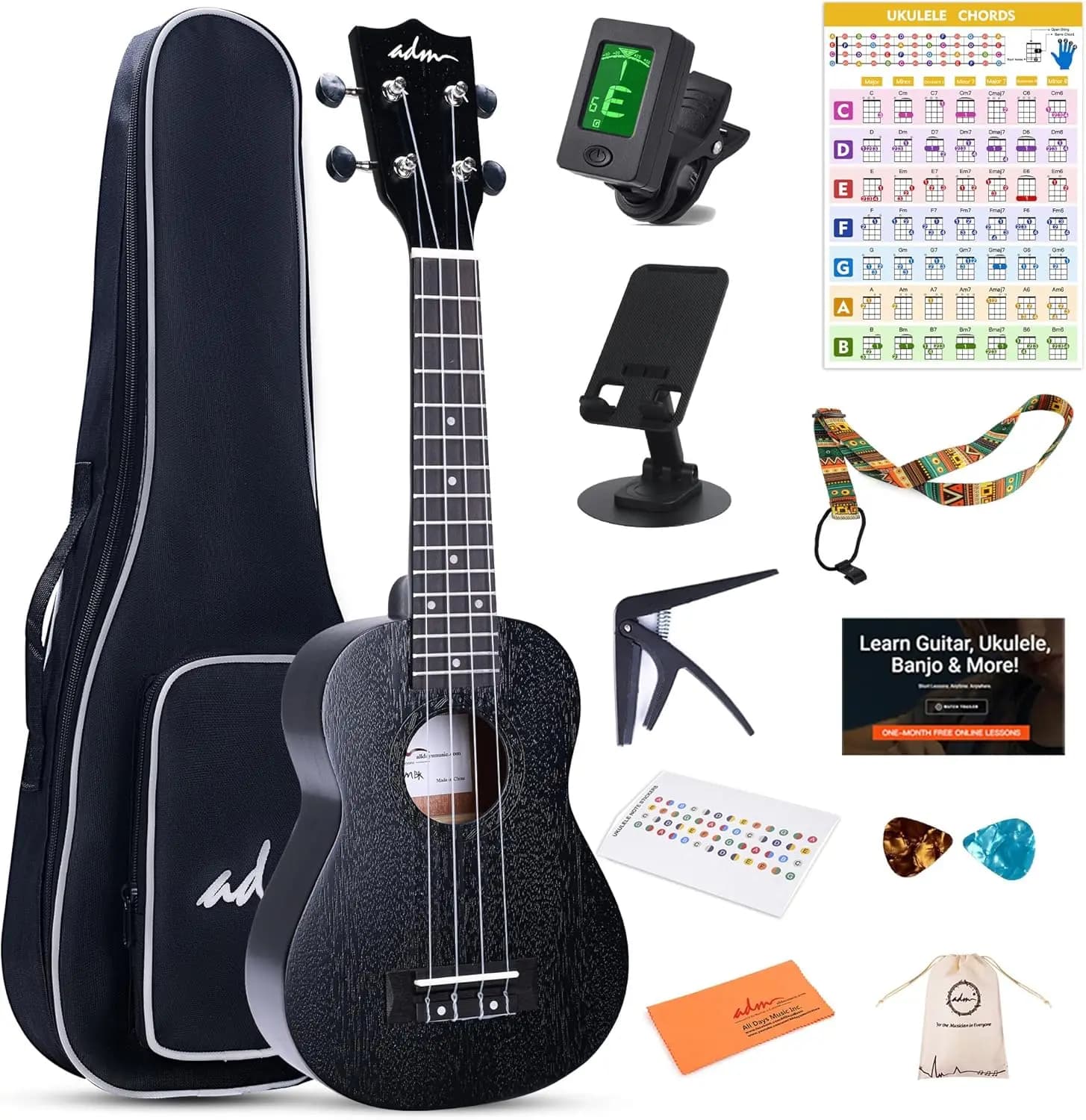 Beginner Ukulele Bundle with Free Lessons – 21-Inch Mahogany Hawaiian Wood Uke Set for Kids, Students, and Adults, Yellow Brown (Black Sapele)
