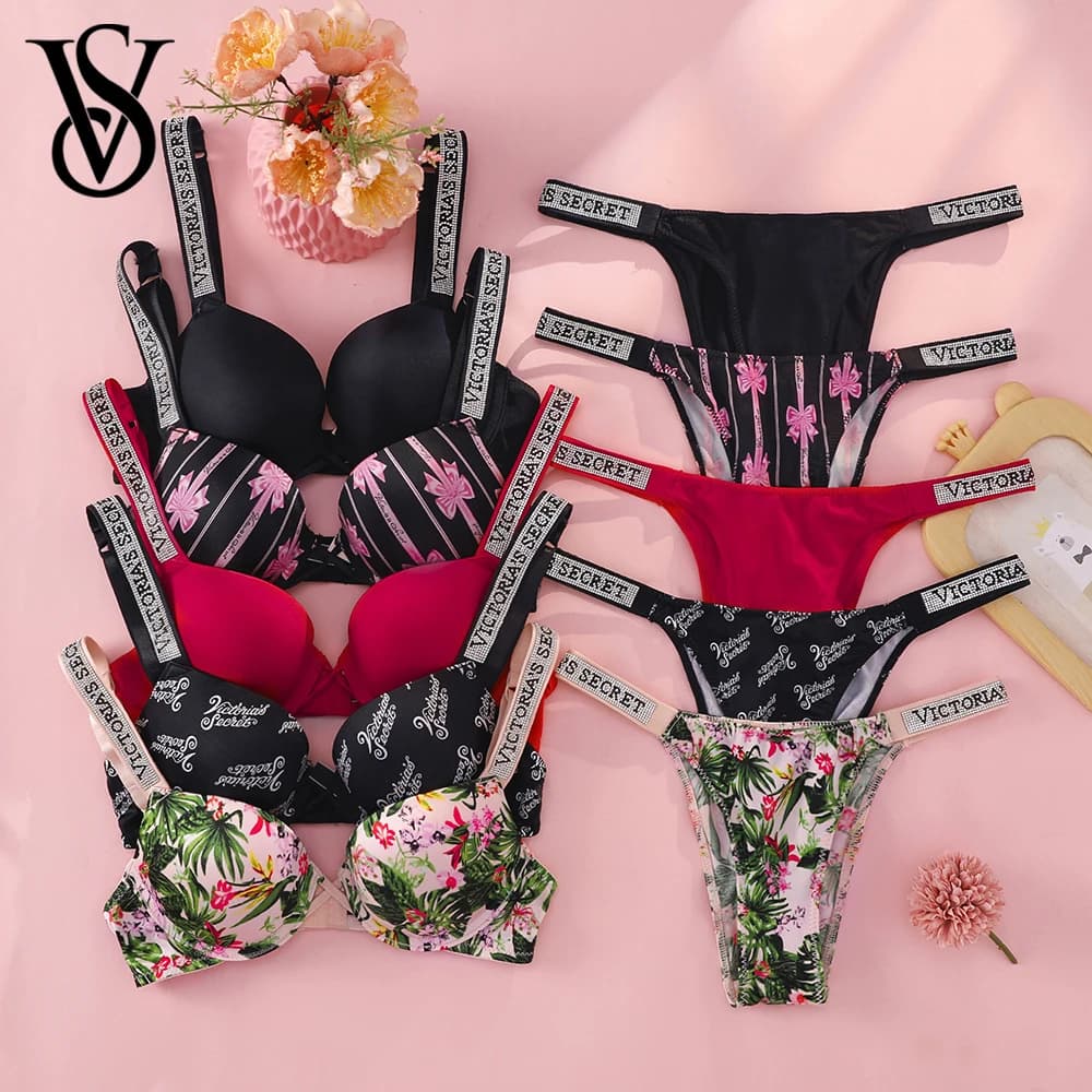 Victoria s Secret Push Up Bra And Panties Set For Women Rhinestone Logo Shoulder Straps Lace Underwear Sexy Lingerie Set