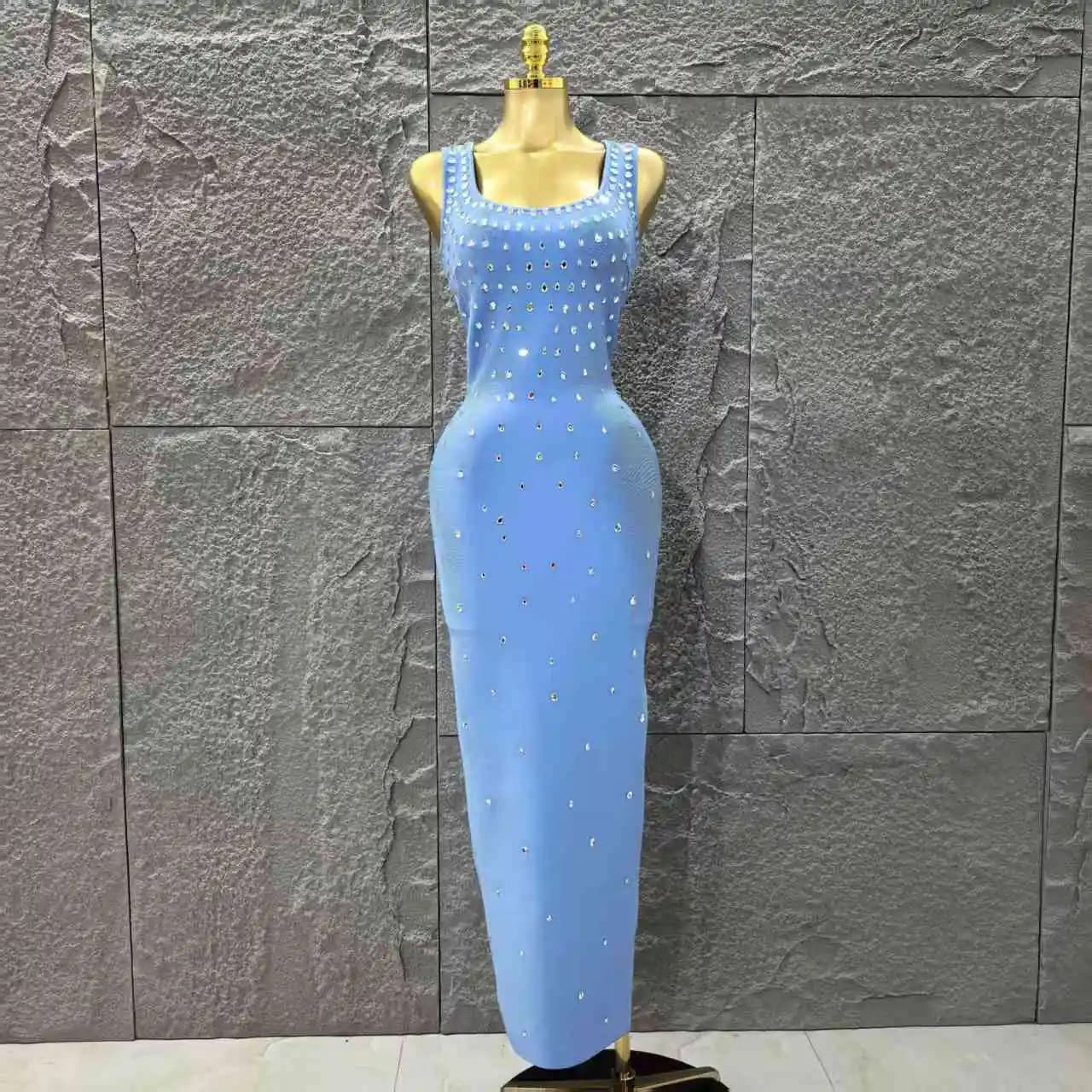 Abito da donna con fasciatura lunga aderente in cristallo brillante con scollo a O senza maniche color Skyblue Celebrare l'abito da sera per feste di compleanno