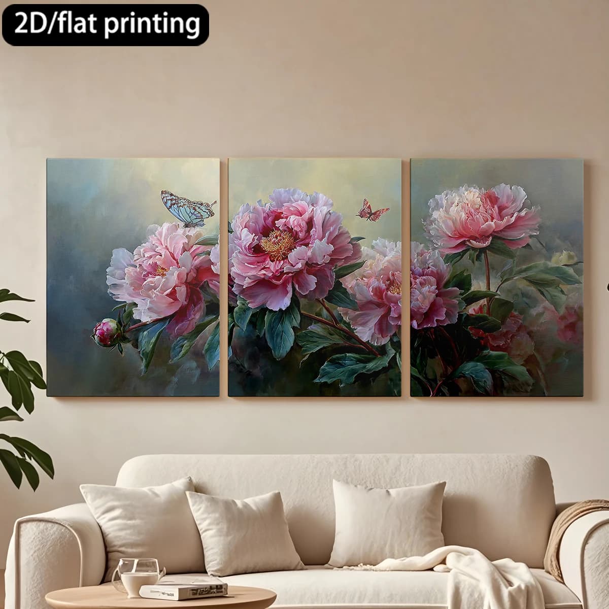 Stampa piatta 2D, 3 pezzi, tela con cornice in legno, pittura decorativa, Peonie con farfalle, arte floreale. Decorazione per corridoio e camera da letto.