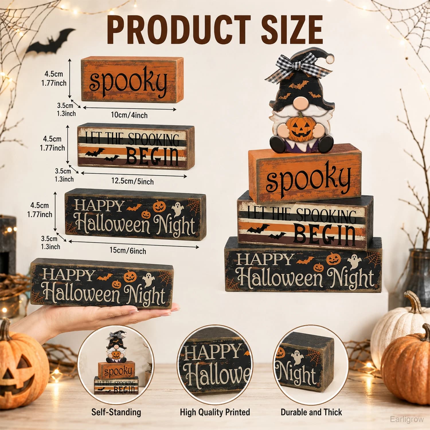 4 Pcs Halloween Tiered Tray Decor, Farmhouse Rustic Wooden Block Signs with Gnome Jack-O-Lantern, Spooky Tabletop Centerpiece with Happy Halloween Night for Home Kitchen Mantel
