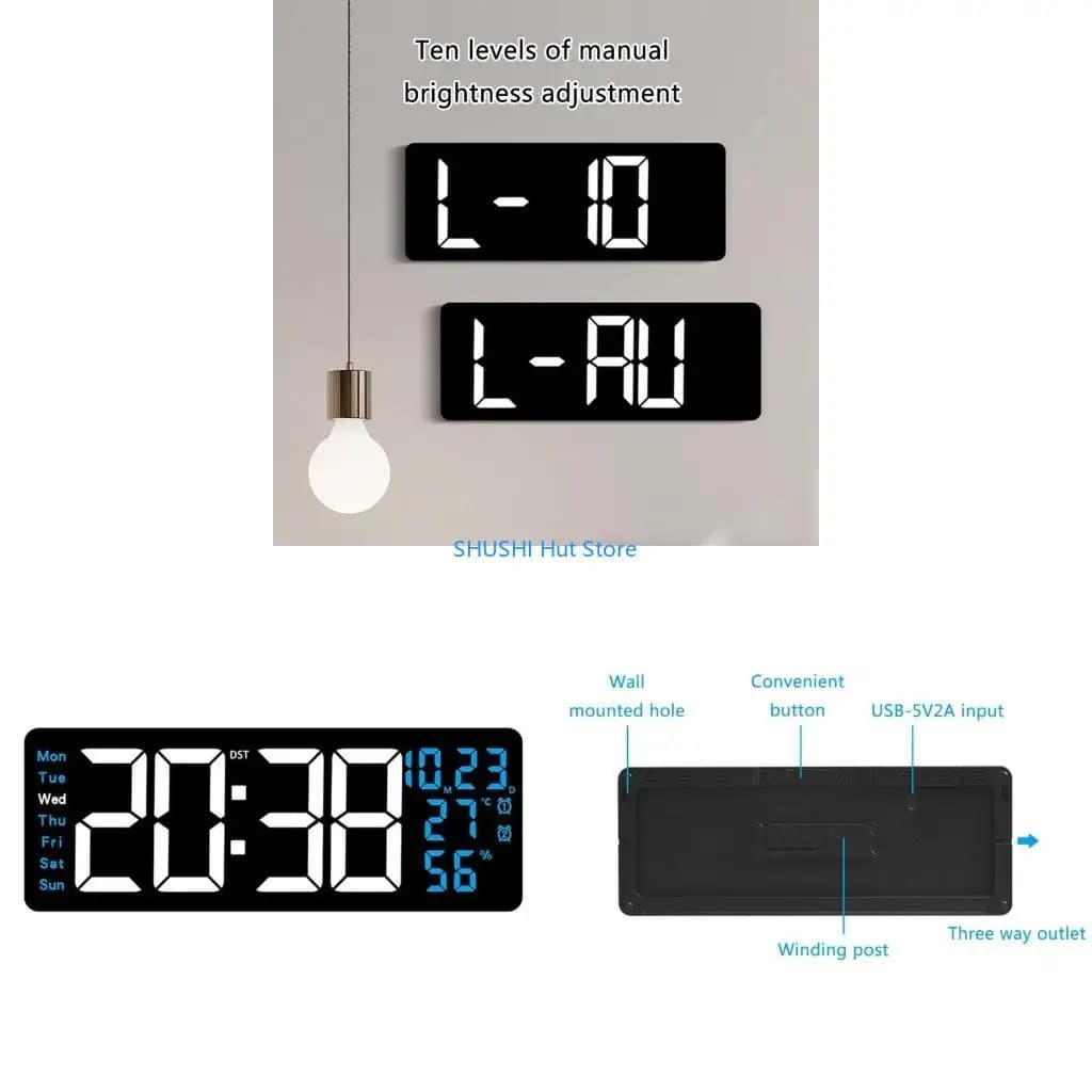 Multifunctional LED Digital Wall Clock with Remote Temperature Date Week Display