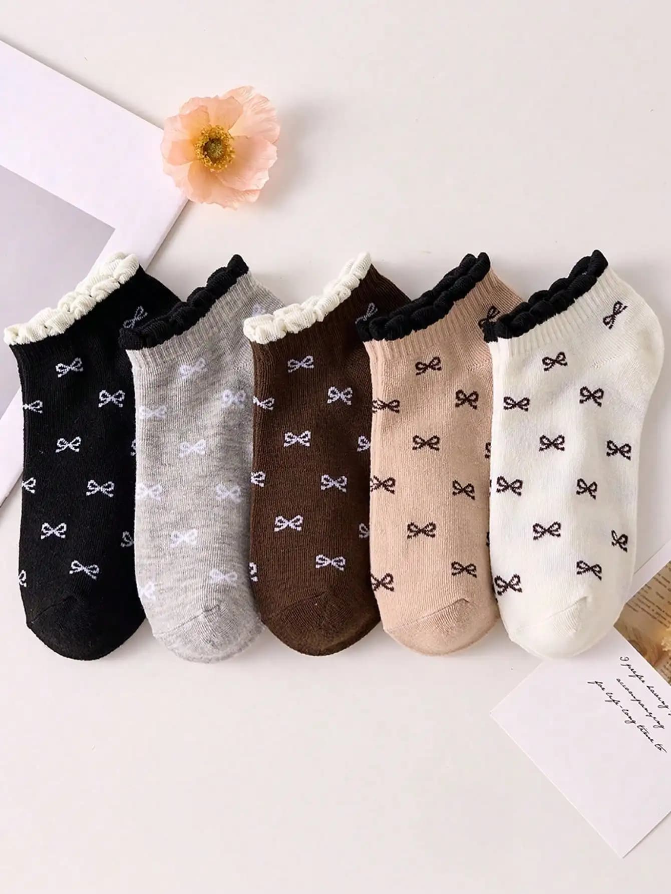 5 paia di calzini da donna dal design floreale con fiocco, calzini invisibili traspiranti, calzini casual primavera/estate