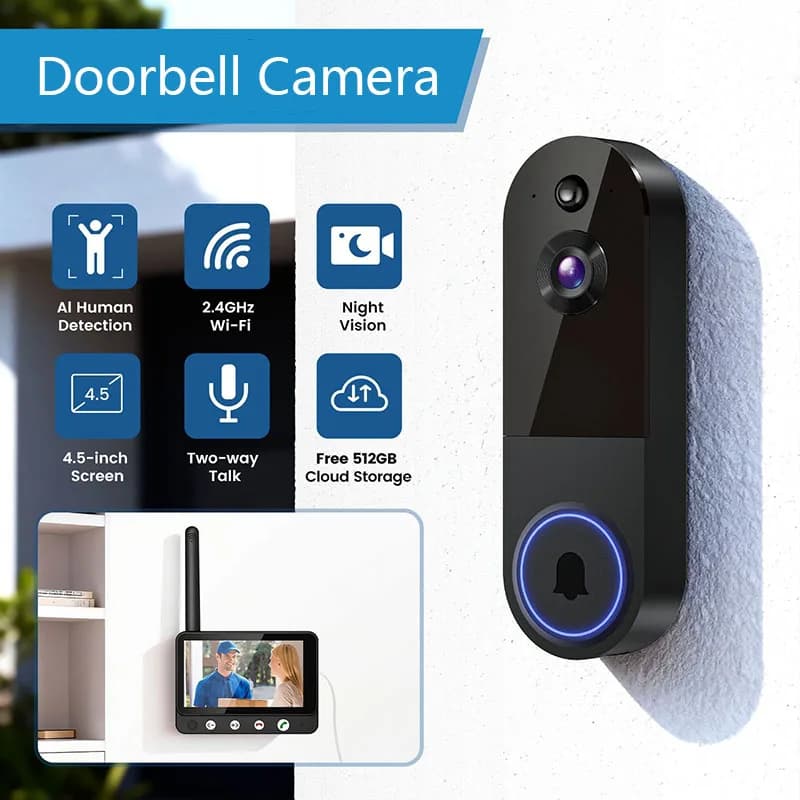 Campanello Wireless 1080P con Telecamera ad Alta Definizione, Visione Notturna, Rilevamento Movimento PIR, Audio Bidirezionale per Casa e Ufficio