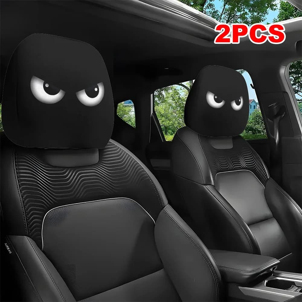 2 pieces funny oblique eyes print cartoon headrest cover for car for indoor Halloween Christmas holiday car decoration