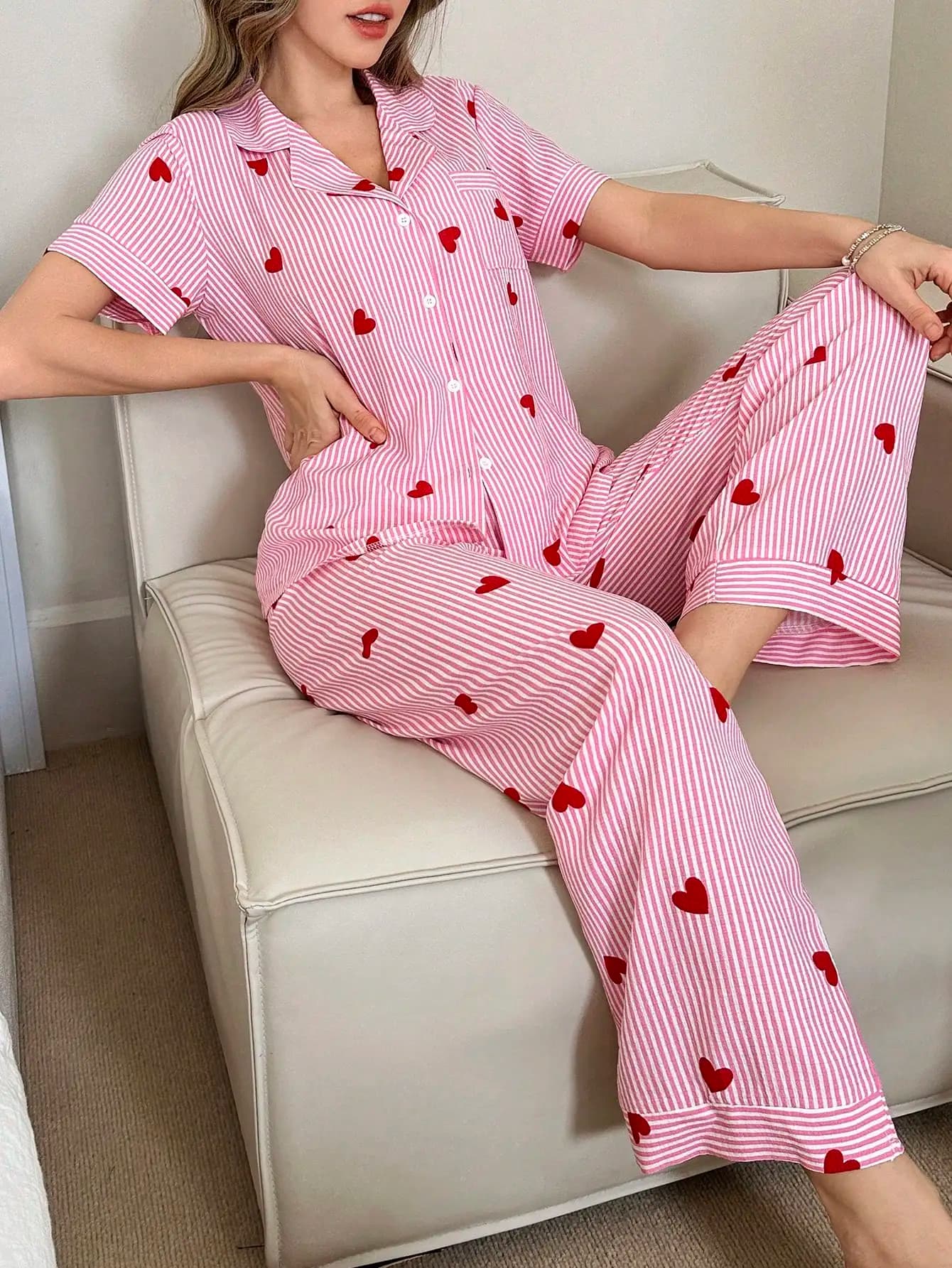 Women's short sleeve pajamas with pink striped print and red heart for Valentine's Day
