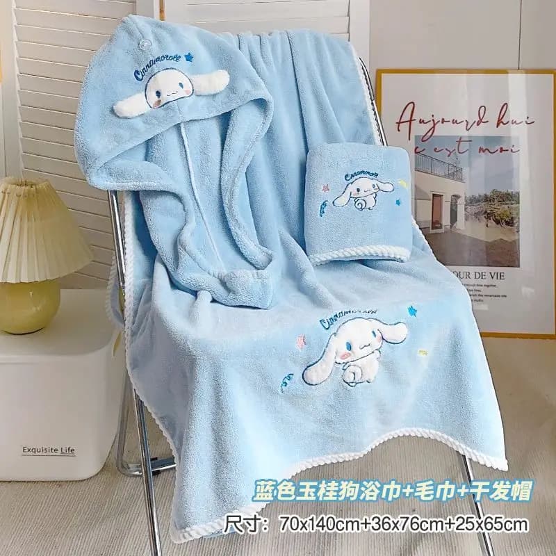 Sanrio cartoon carino Cinnamoroll cartone animato asciugamano telo da bagno cappello per capelli asciutti set da tre pezzi bagno assorbente per uso domestico ad asciugatura rapida