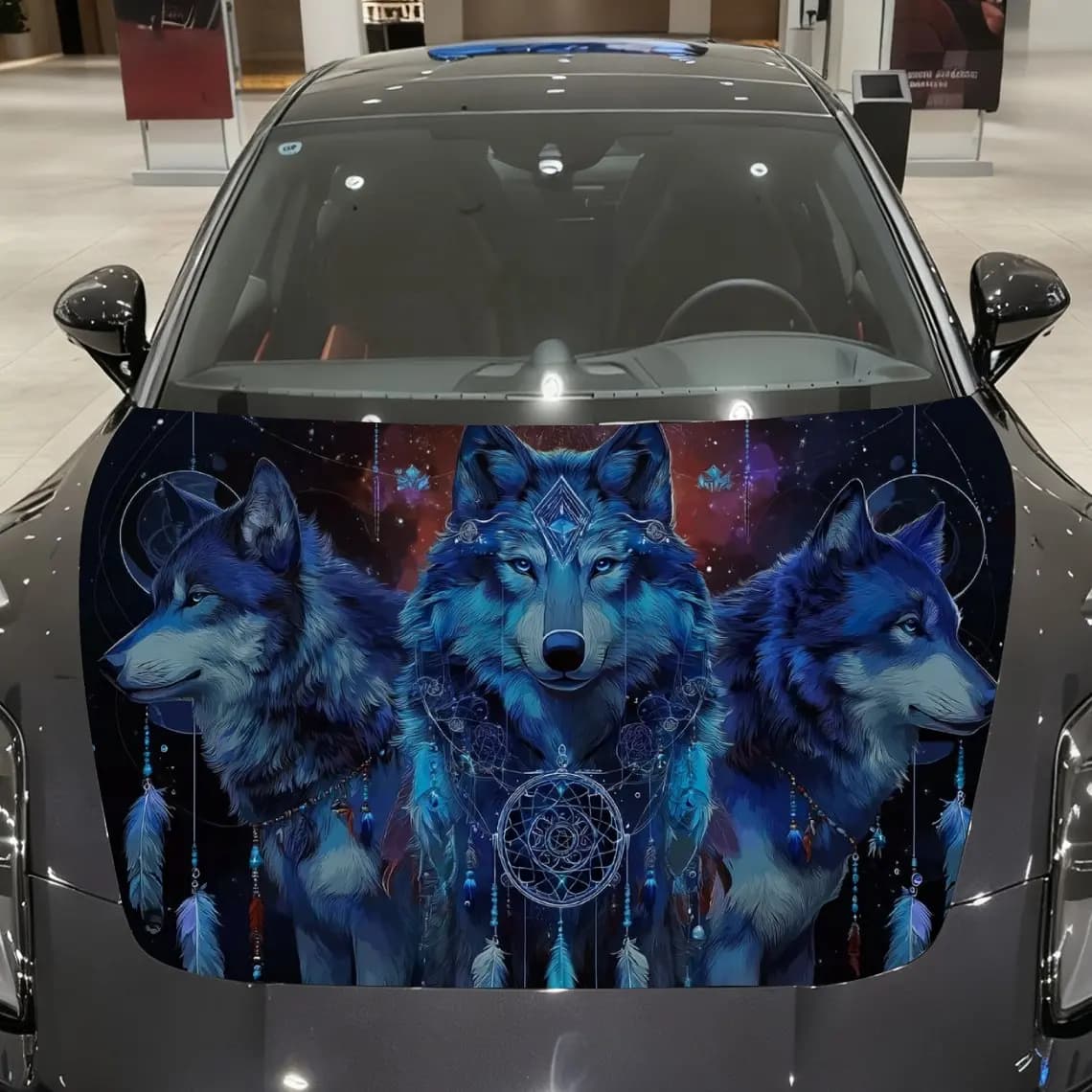 Starfield Blue Wolves Dreamcatcher Car Vinyl Wrap, PVC Material Waterproof Car Hood Sticker, Self-Adhesive Scratch-Resistant Sti