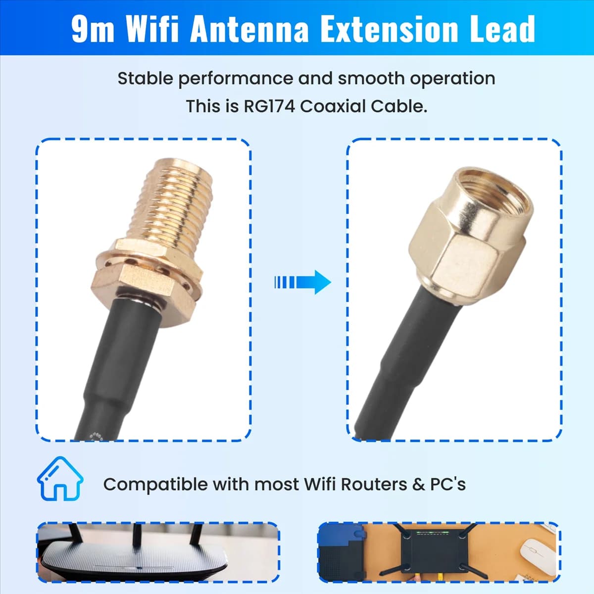ABGN 9m Meter Wifi Antenna Extension Cable Lead RP-SMA For Wi-Fi Routers