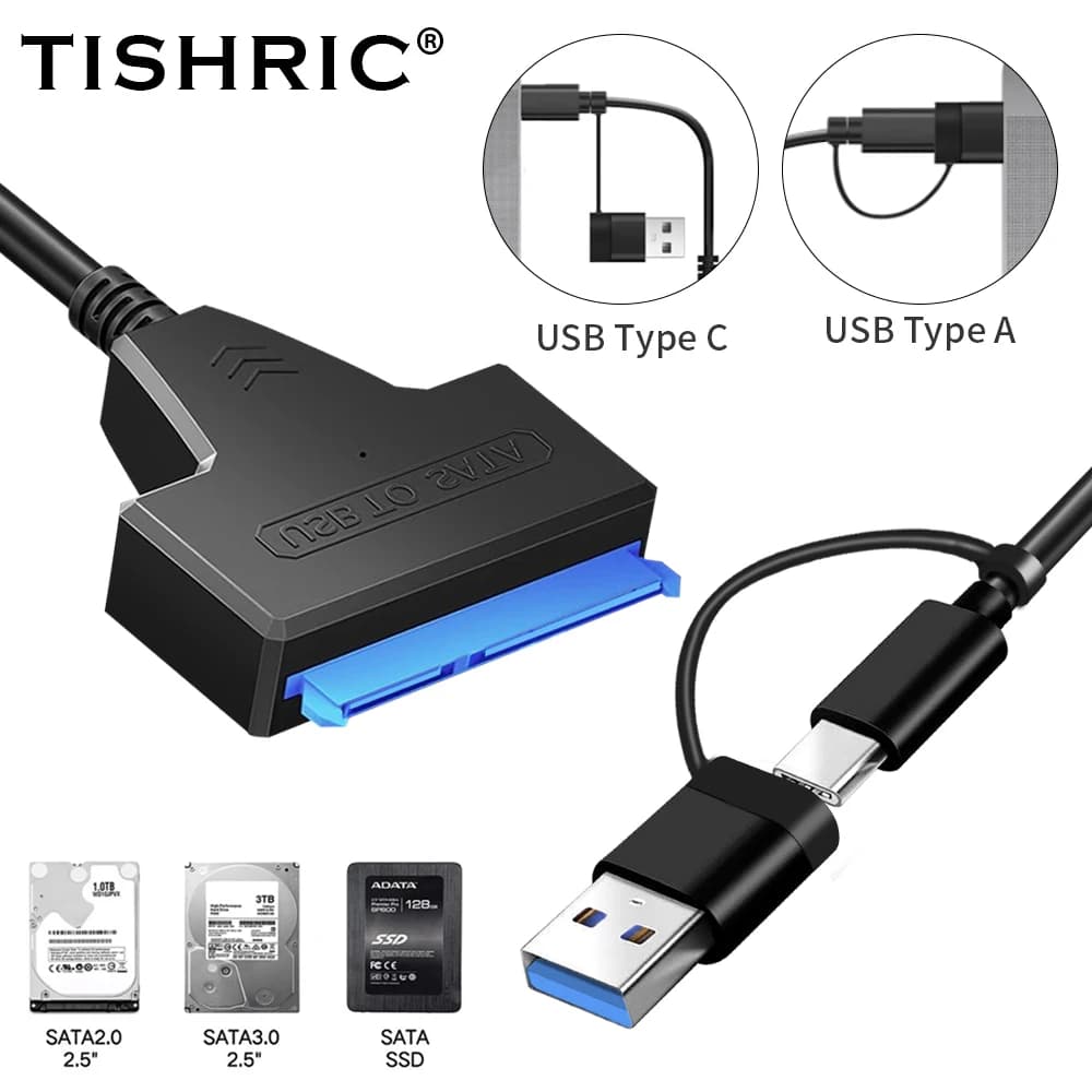 TISHRIC 2 In 1 USB3.0 Type-C/Type-C/USB 3.0 To SATA Cable For 2.5" External HDD SSD Hard Drive SATA 22Pin Adapter Up To 6 Gbps