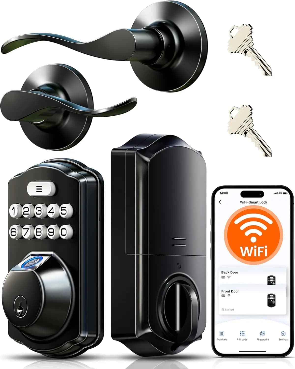 Serratura Intelligente Wi-Fi con Impronta Digitale e Maniglia, Controllo App, Accesso Senza Chiave, Chiusura Automatica, Nero Opaco