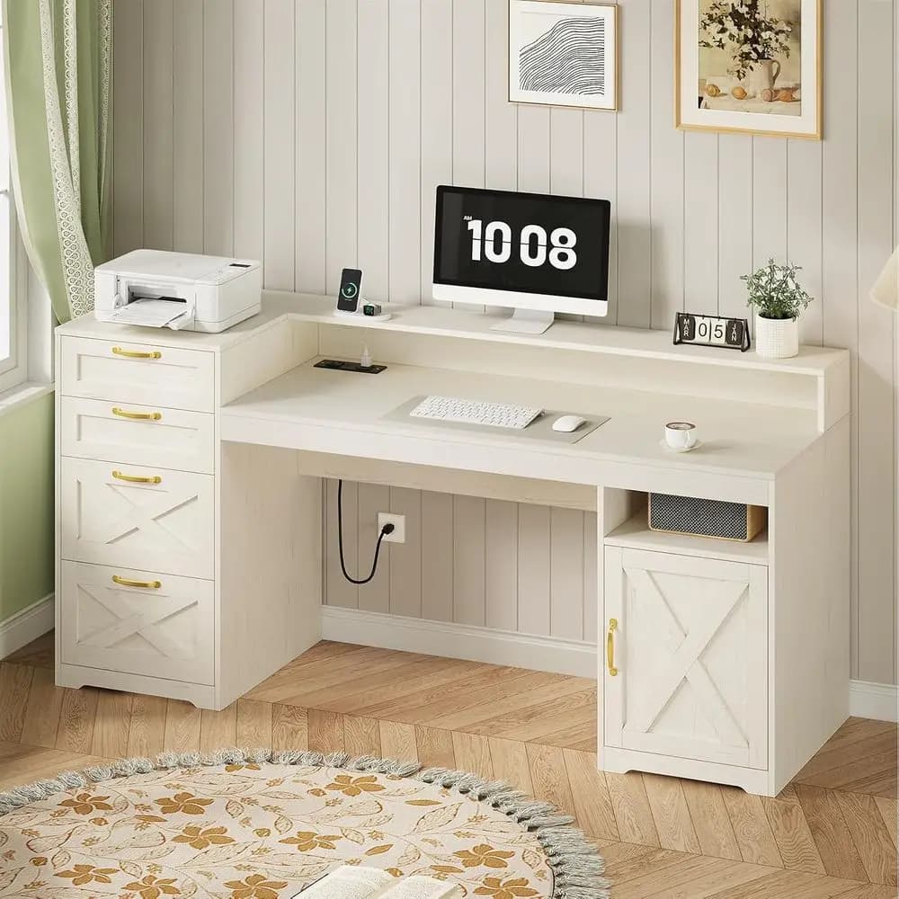 armhouse Executive Desk with 4 Ders, 63" White Computer Desk with Printer Shel, Monitor Stand, Home Oice Desks with Power Outlet