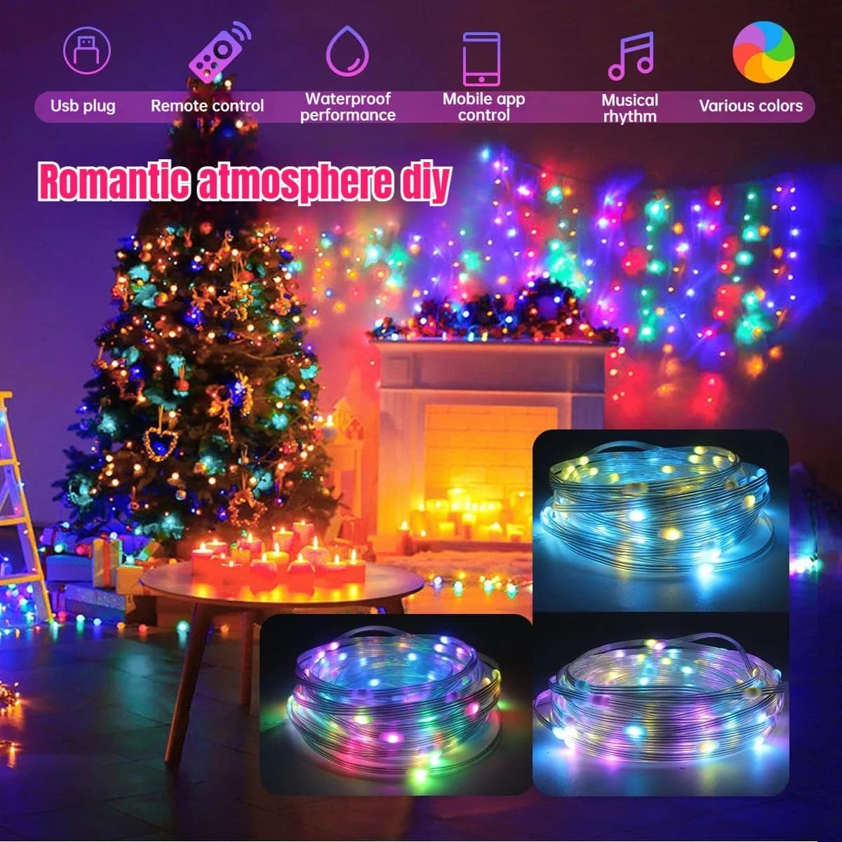 Smart APP USB Christmas Ambient Curtain Lights LED Fairy String Lamp for Birthday Xmas Tree Bedroom Party Ornament