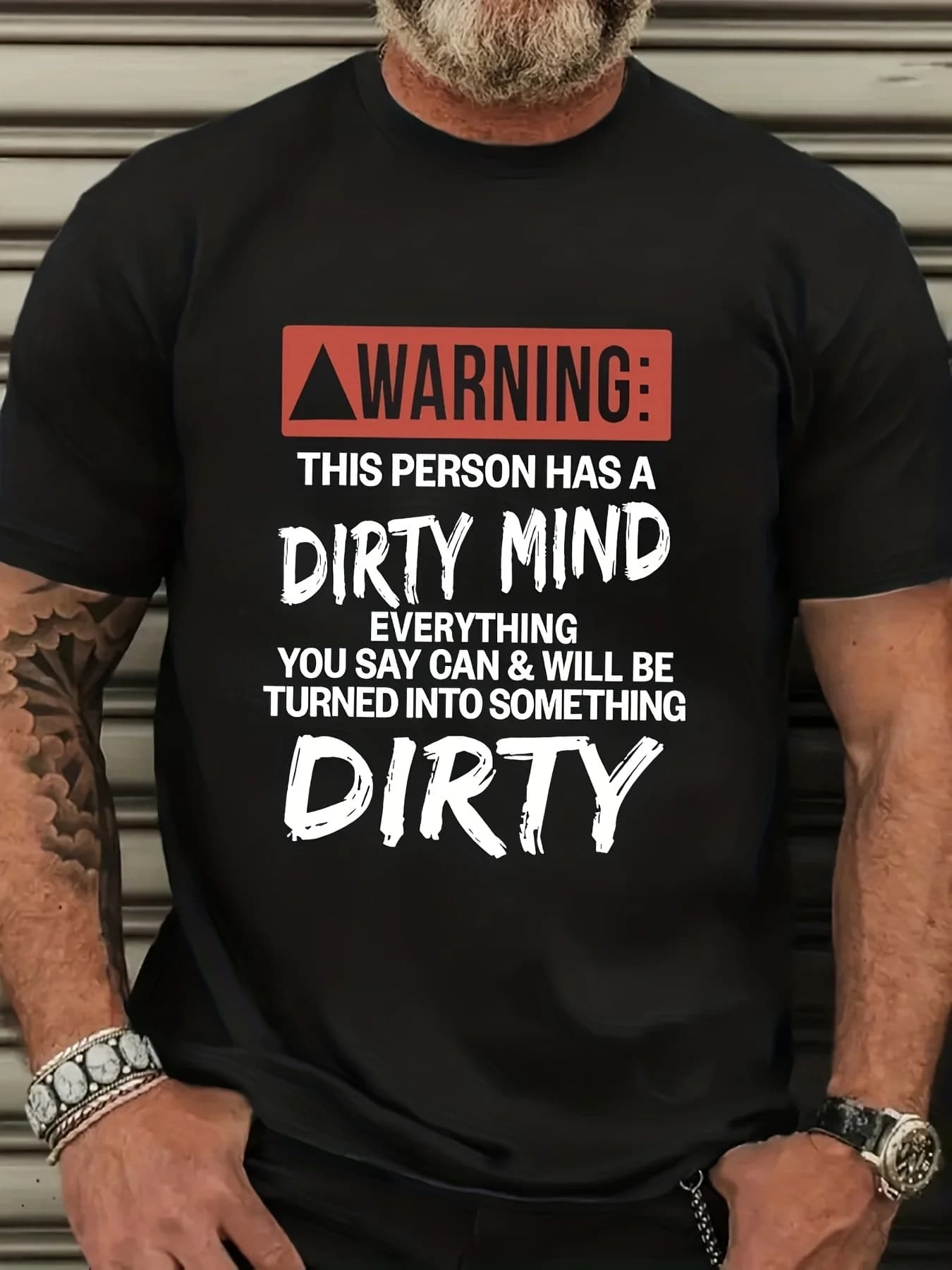 Men's t-shirt with letters pattern, black with warning prints in white and red. A casual t-shirt with round neck suitable for everyday use.