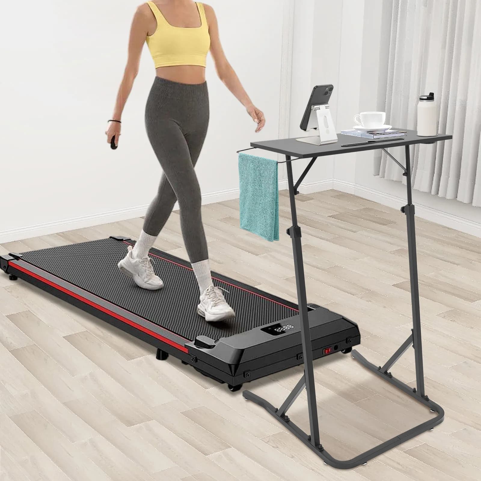 Adjustable Bike Trainer Desk, Standing/Sitting Office Desk with Cup Holder & Towel Rack for Fitness & Work