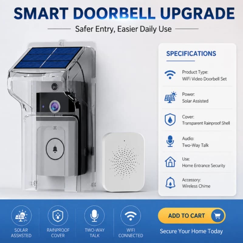 Outdoor Solar WiFi Video Doorbell Set Waterproof Transparent Protective Cover Wireless Chime Two‑Way Conversation Door Monitor