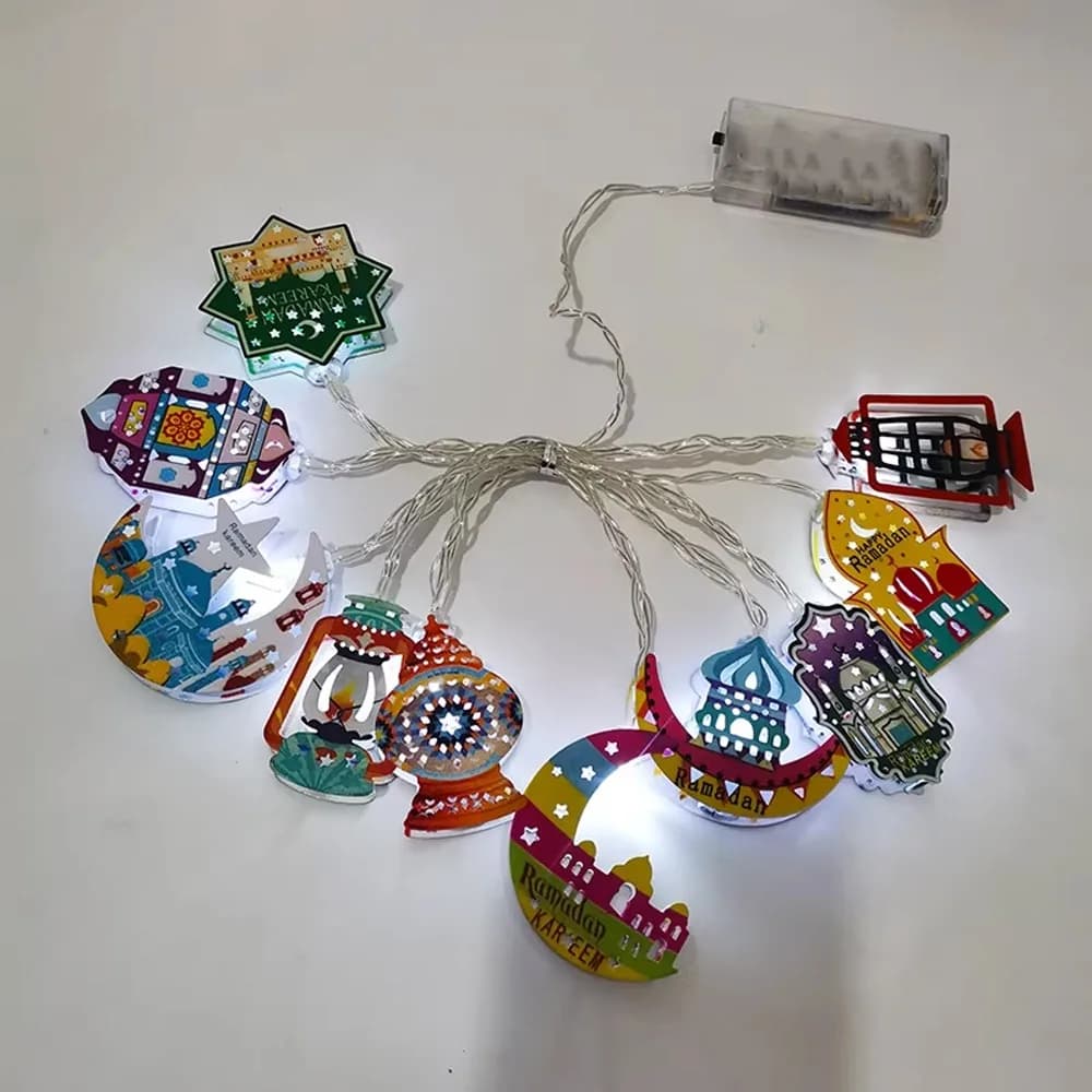 Luci a Stringa LED 10/20 per EID Mubarak, Funzionamento a Batteria, Illuminazione Colorata, Lampada a Olio LED, Decorazione Artistica in Ferro per Ramadan