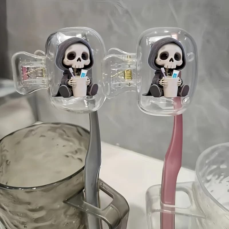2pcs Q-Version Skeleton Grim Reaper in Black Robe Holding a Mouthwash Cup Toothbrush Holder Ideal Holiday Gift Birthday Gift