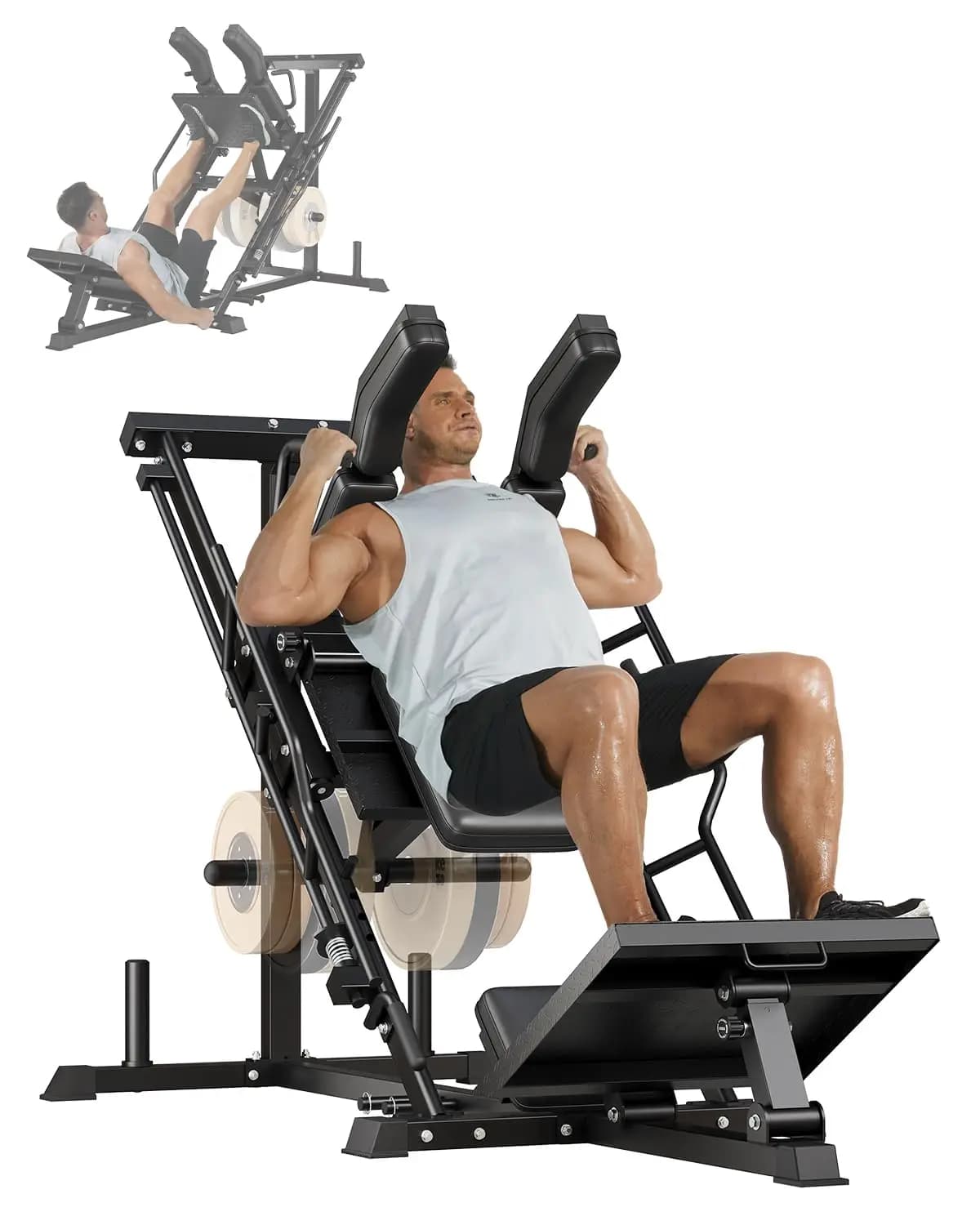 Machine 3 in 1 for leg press, professional hack squat machine with weight support for home use, suitable for 1 and 2 inch discs.