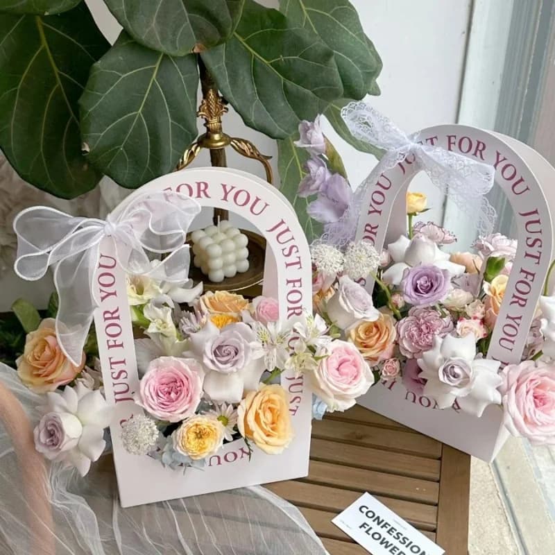 5pcs Flower Gift Bags Arch Handle Floral Bouquet Packaging Box Portable DIY Flower Holder for Birthday Wedding Gift Packing