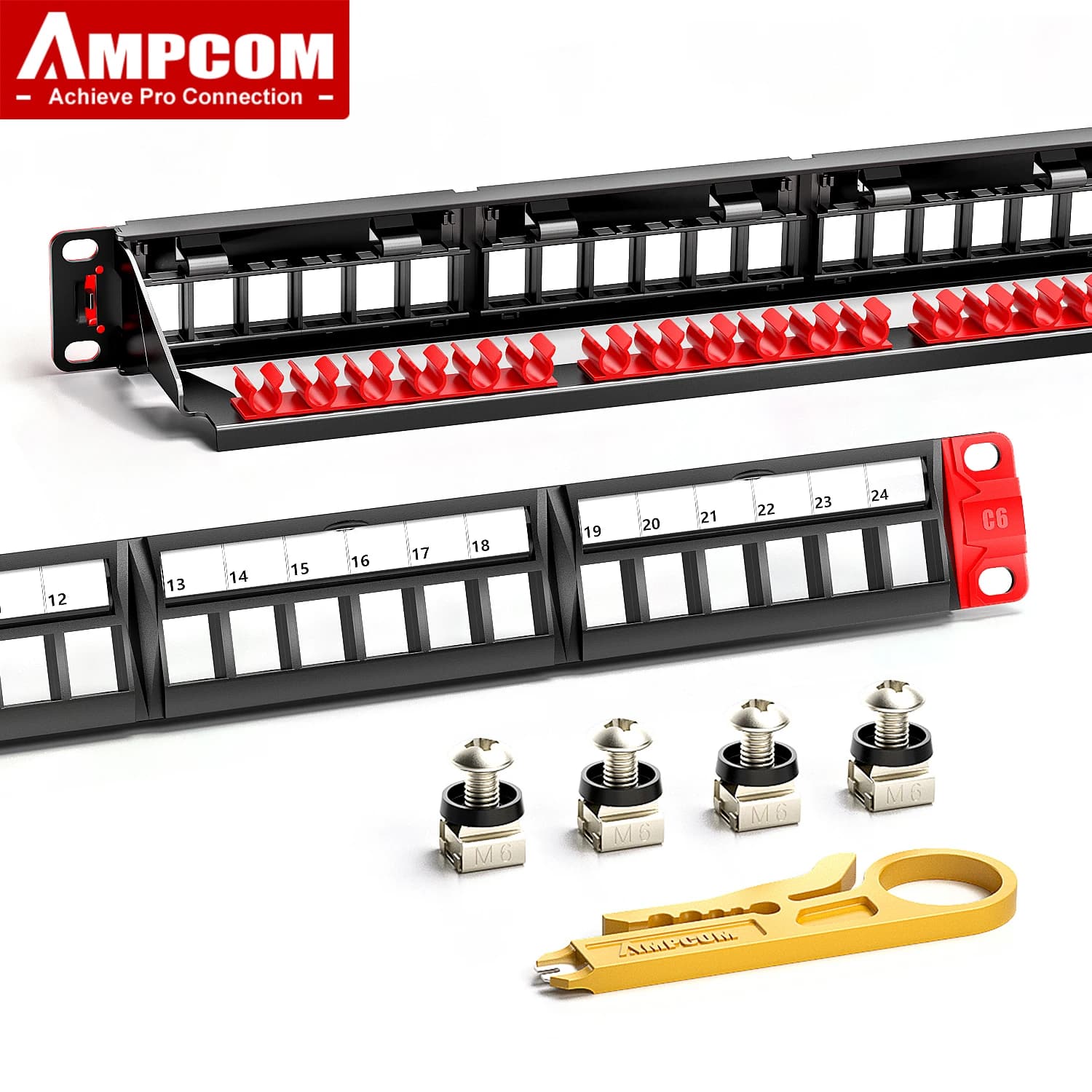 AMPCOM Blank Keystone Patch Panel 1U 24-Port, RJ45 UTP Detachable Tool-Less Rack Mount with Back Bar for CAT5E/6/7/8