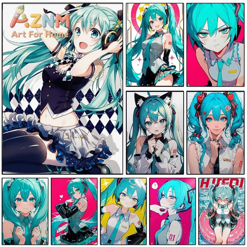 Hatsune Miku Cute Idol Cat Ear Cherry Hair Expressions Collage Canvas Painting Unframed Anime Vocaloid Wall Art Poster for Bed