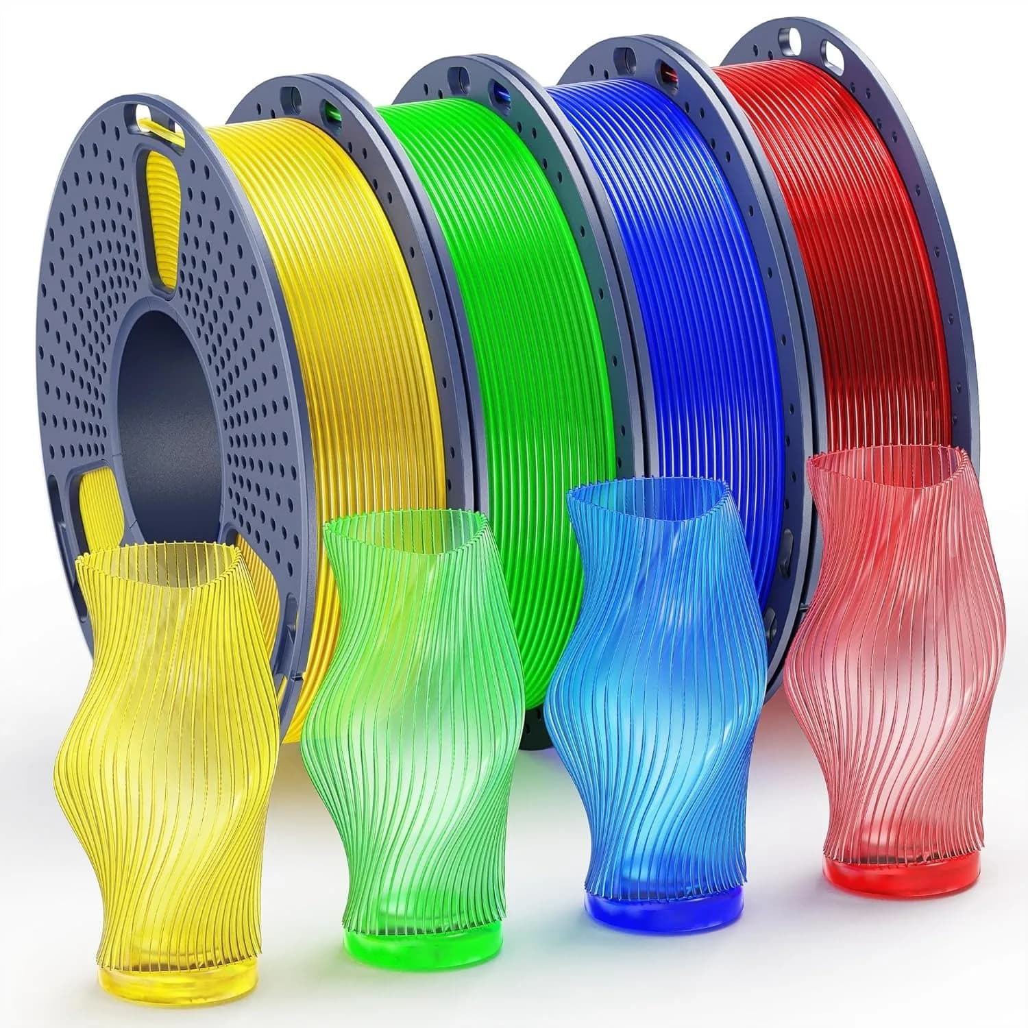 Filamento PETG 1.75mm Multicolore, Set 4x250g Bobine Rosso+Blu+Verde+Giallo, Avvolgimento Preciso per Stampa Fluida