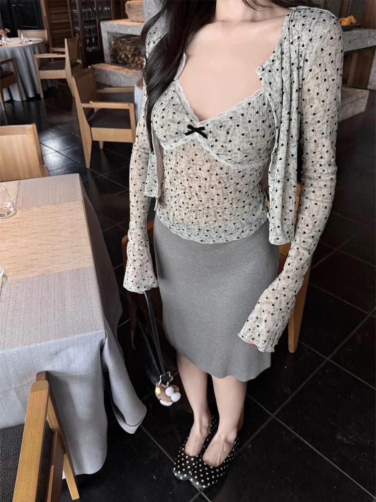 Bow Polka Dot V Neck Short Sets Sling Sweet Spice Girls Age Reduction Two Pieces Solid Slim High Waist Elegant New Skirt