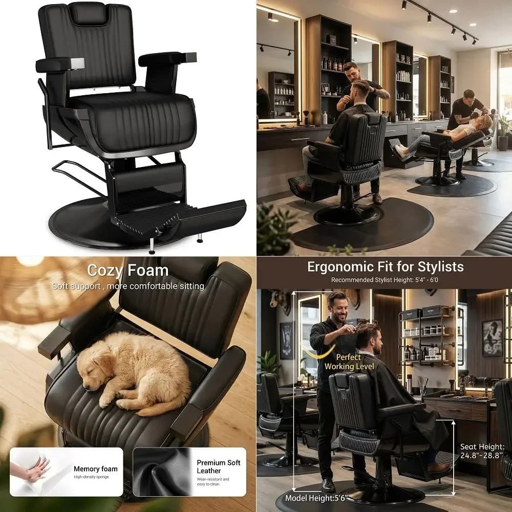 Professional Reclining Barber Chair with Adjustable Headrest, Hydraulic HeavyDuty Base, Soft Upholstery amp Thick Cushion, Tatt