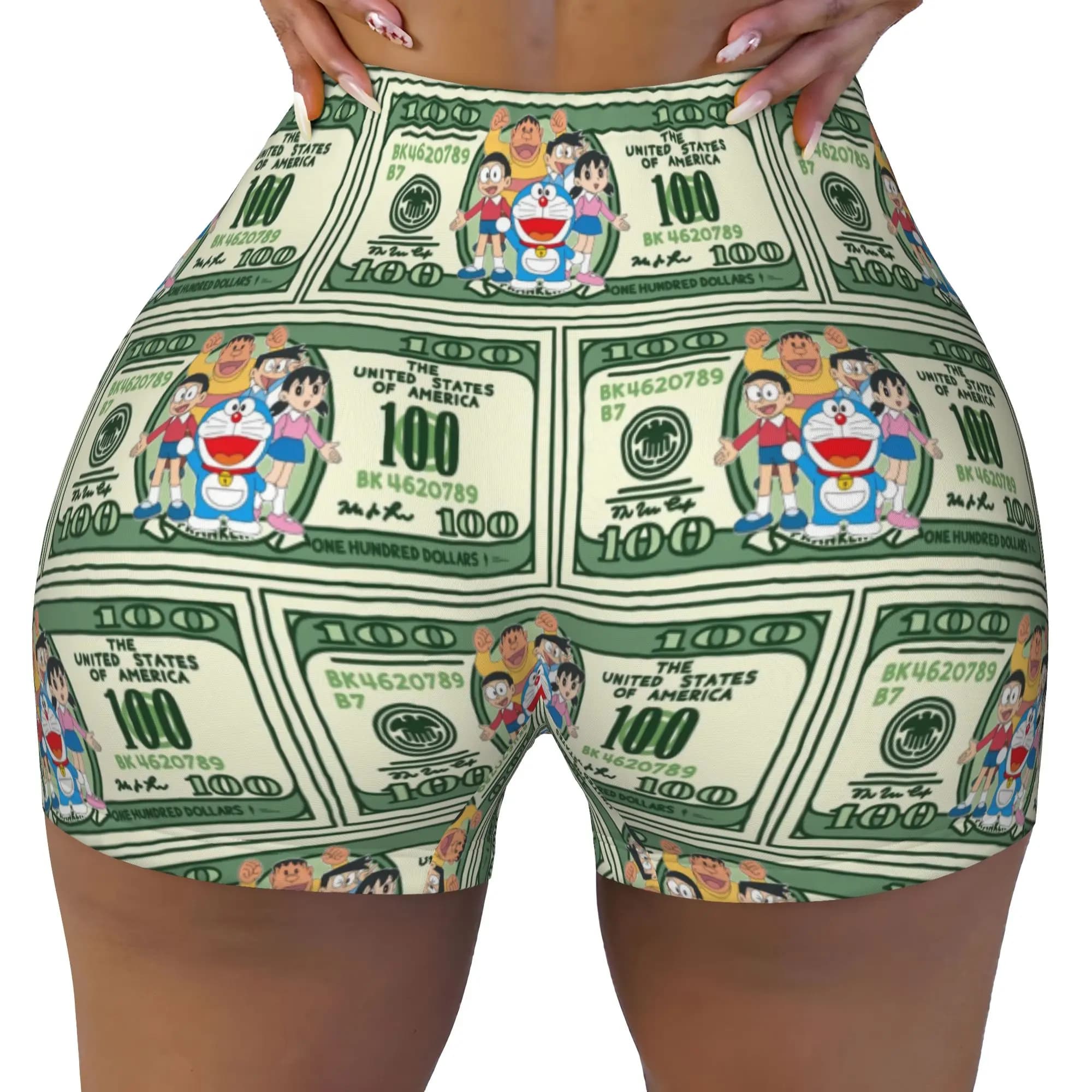 D-Doraemon One hundred Gollars Running Volleyball Gym Shorts for Women Robot Cat Athletic Workout Yoga Shorts