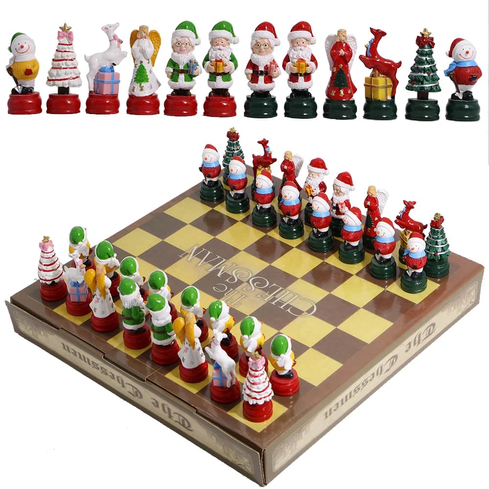 Festive Xmas Resin Character Chess Set, Stereo Cartoon Santa Christmas Tree Chess Pieces, Portable Chess Board Game Present