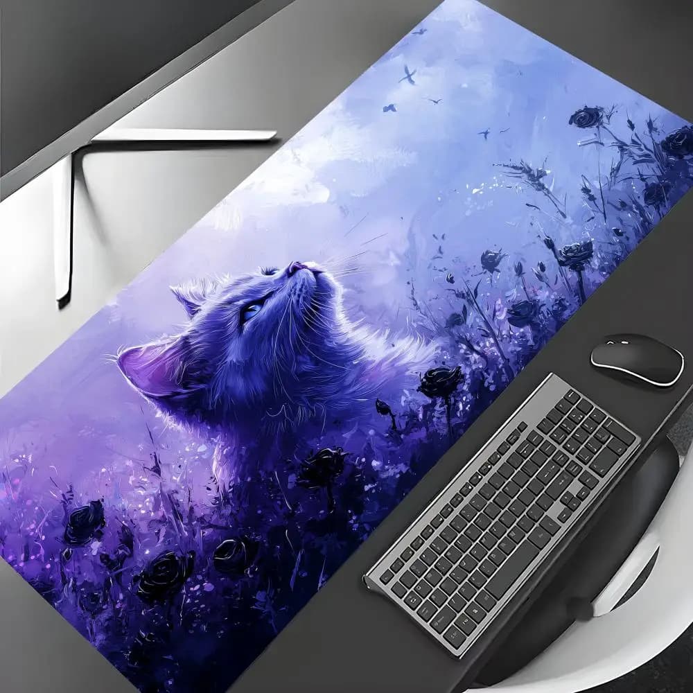 Tappetino per mouse grande con illustrazione romantica di gatti, tappetino da gioco antiscivolo, tappetino per scrivania con bordo cucito, stampa HD, tappetino da ufficio