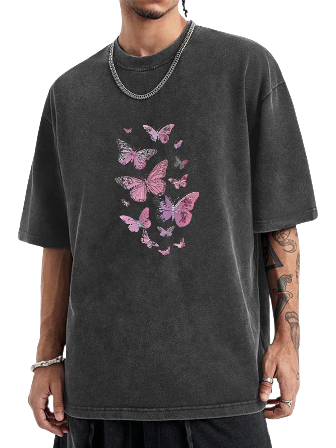 230g Pure Washed Cotton Men's T-Shirt, Butterfly Print Design, Casual Style, Regular Fit, Soft and Comfortable, Suitable for Spring and Summer Wear, Ideal for Everyday Wear, Enhanced Durability, Washed Plus-Size T-Shirt, Basic Style, 2026 Style, Plus Size