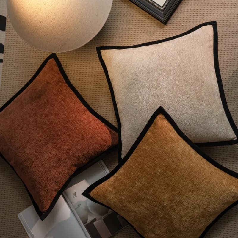Federa per cuscino in ciniglia semplice, cuscini con bordo nero, fodera per cuscino decorativa per divano e sedia, elegante francese, decorazioni per la casa