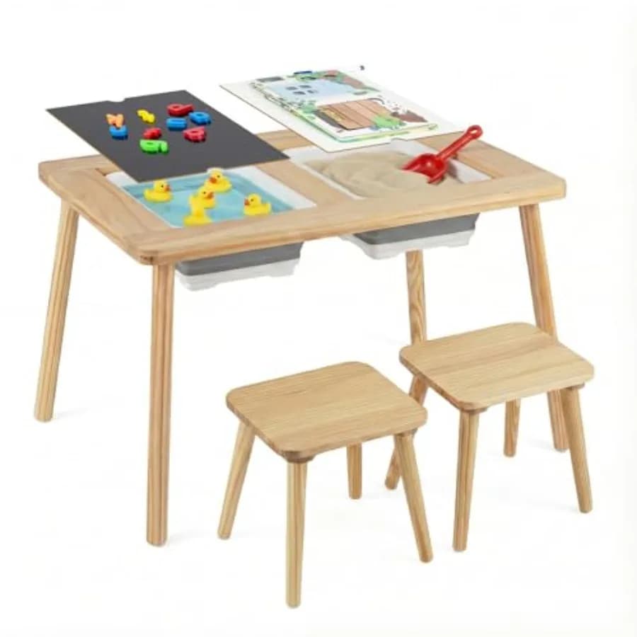 Set tavolo e sedia sensoriale per giochi con sabbia e acqua, struttura in legno, colore legno naturale, include lavagna bifacciale, 2 contenitori