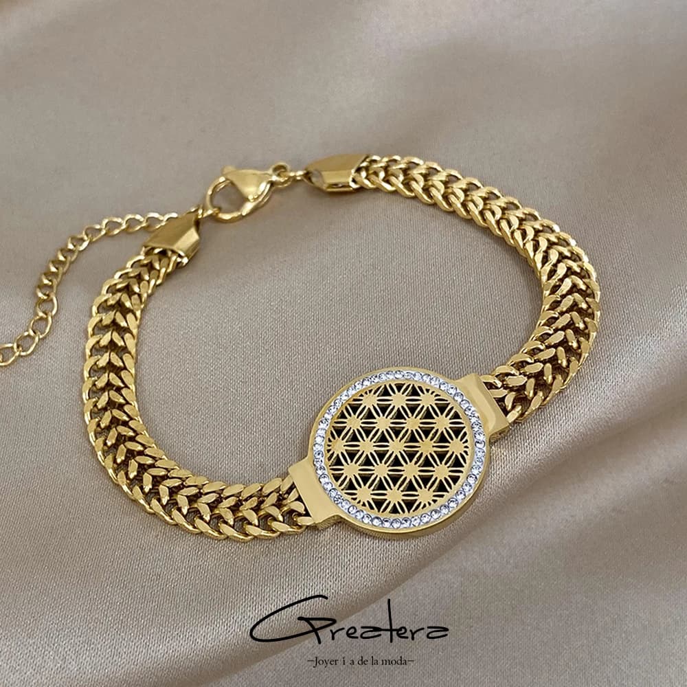 Braccialetti a catena in acciaio inossidabile Greatera Flower of Life per donna Uomo Bracciale con ciondolo con strass placcato oro Gioielli impermeabili