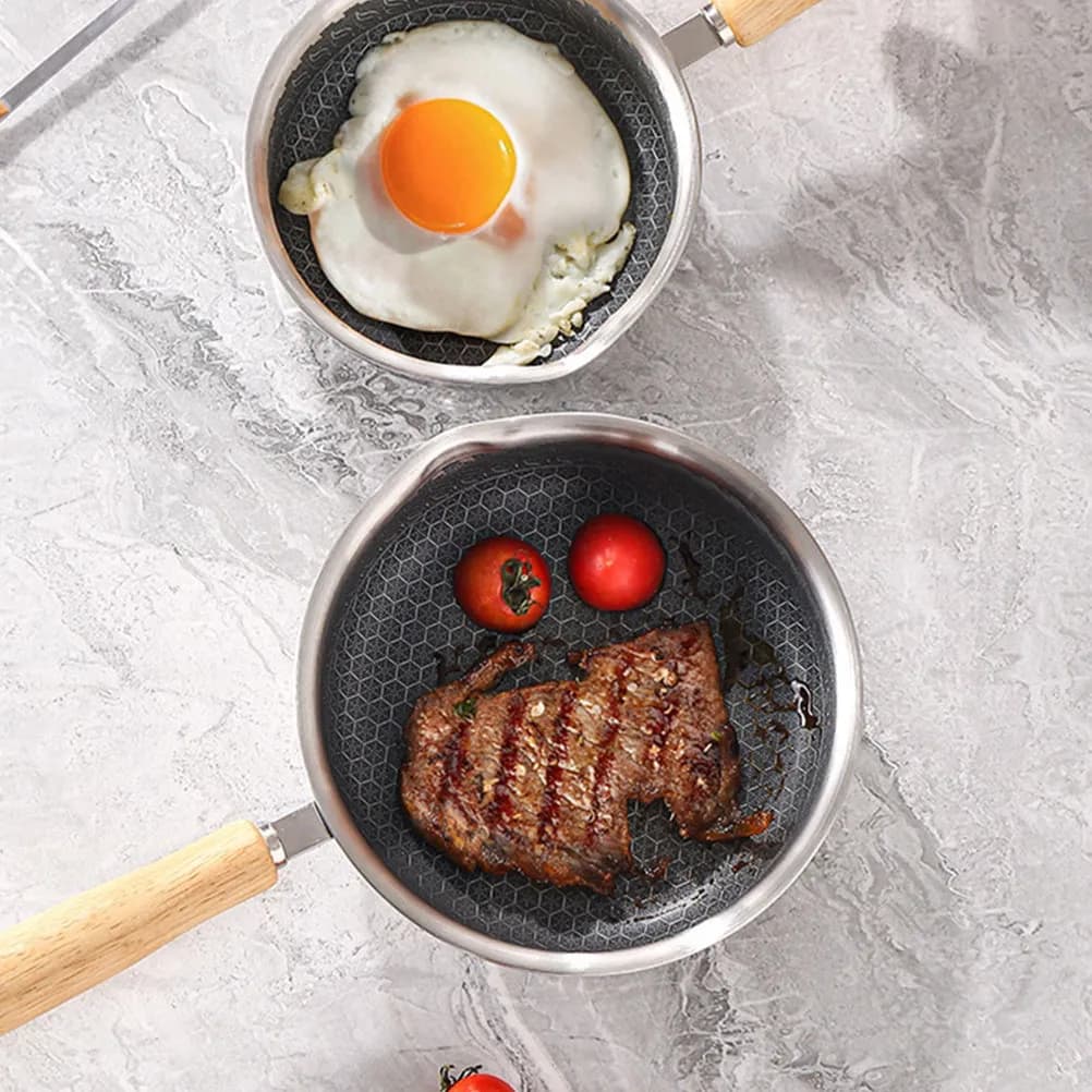 Stainless Steel Non-stick pan with Wood Handle, Design Nido d'Ape, Ideal for Steaks, Eggs, Pancake, Anti-stick Kitchen